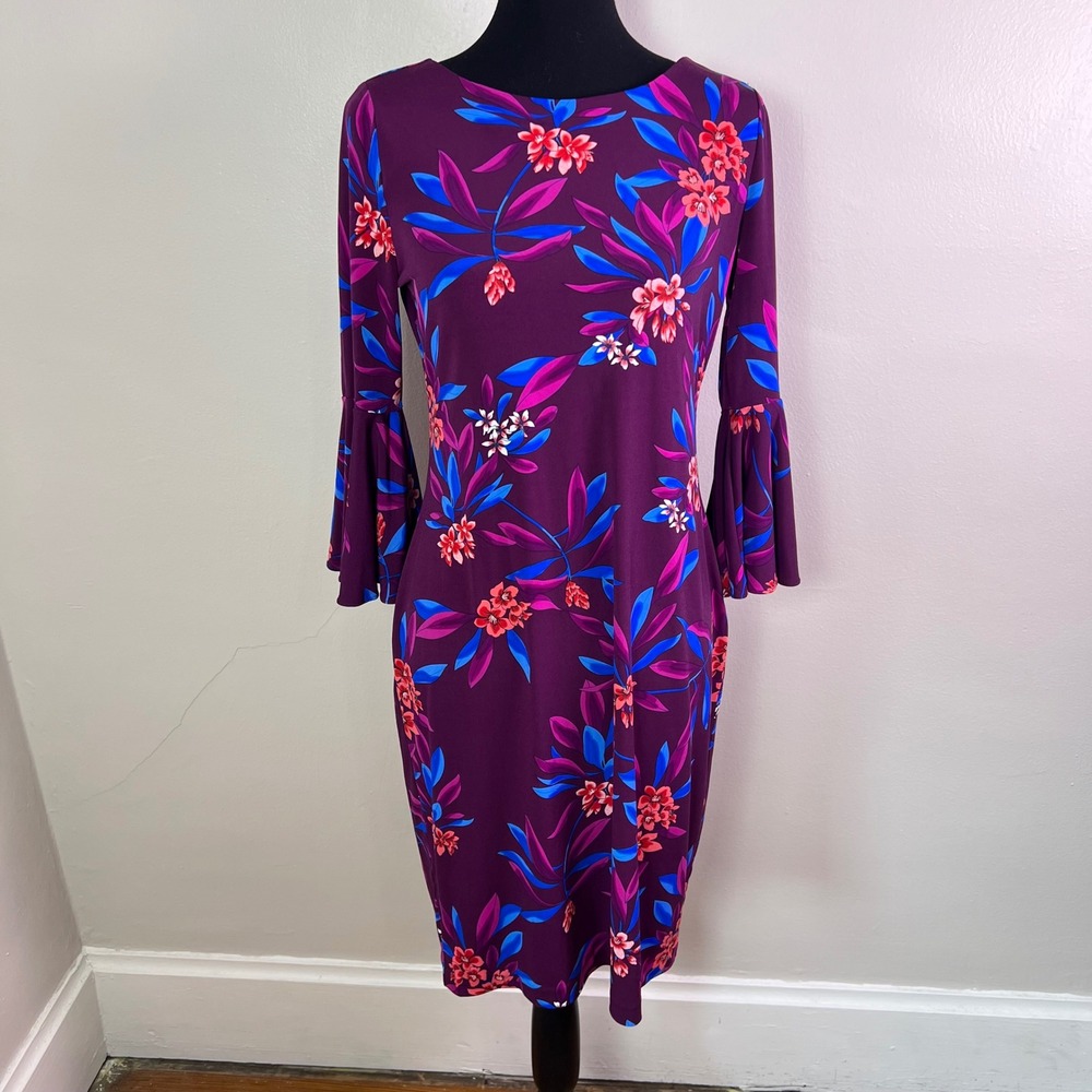 Calvin Klein Floral Sheath Dress 8 Purple Bell Sleeve Boat Neck Knee Length Mod